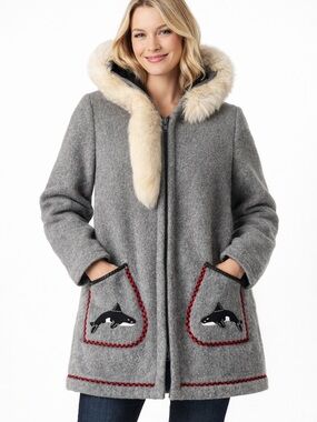 Vintage 1970s James Bay Gray Wool Coat Fur Hood Orca Pockets Size 18 Pure Wool